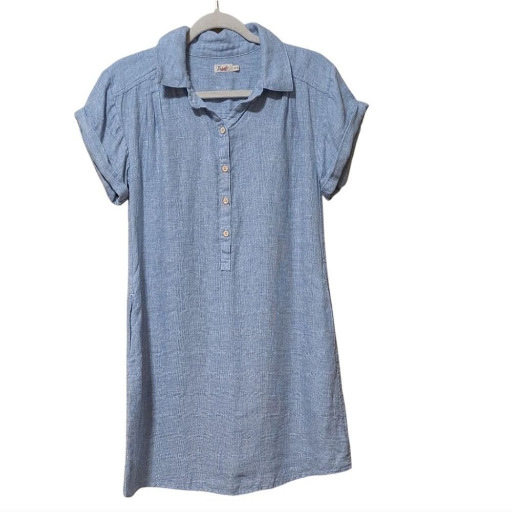 Faherty Hana pop over shirt dress size XS basket weave blue linen pockets collar